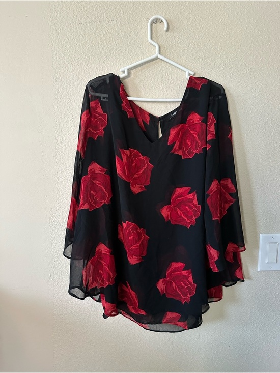 Roz & Ali Tops - Roz and Ali Black Floral Sheer Blouse with Red Rose Print size 2X/ NWOT 1129
